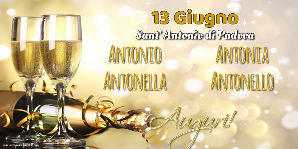 13 Giugno - Sant' Antonio di Padova - Cartoline onomastico con champagne