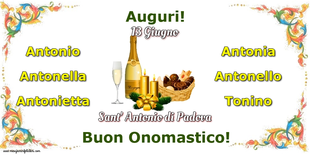 13 Giugno - Sant' Antonio di Padova - Cartoline onomastico con champagne